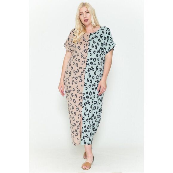 Leopard Front Slit Dolman Sleeve Maxi Dress Plus Size 2X - Picture 2 of 4